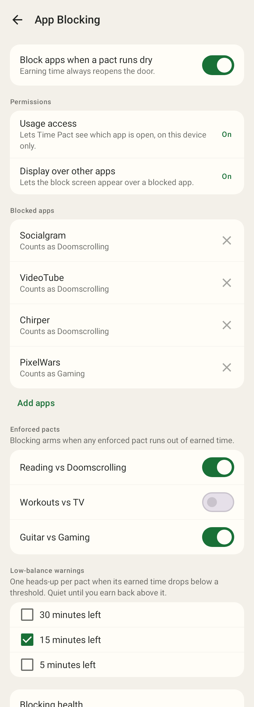 App Blocking settings with apps placed behind a pact