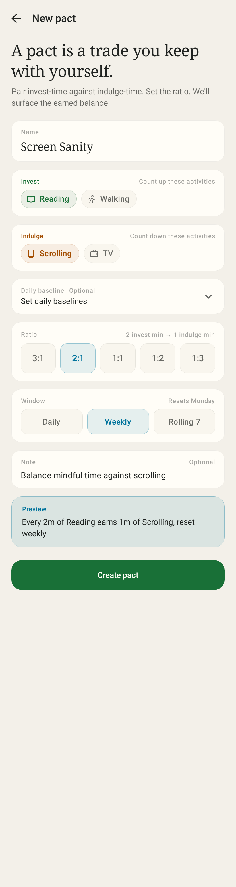 New pact form with a habit, an indulgence, and the exchange ratio filled in