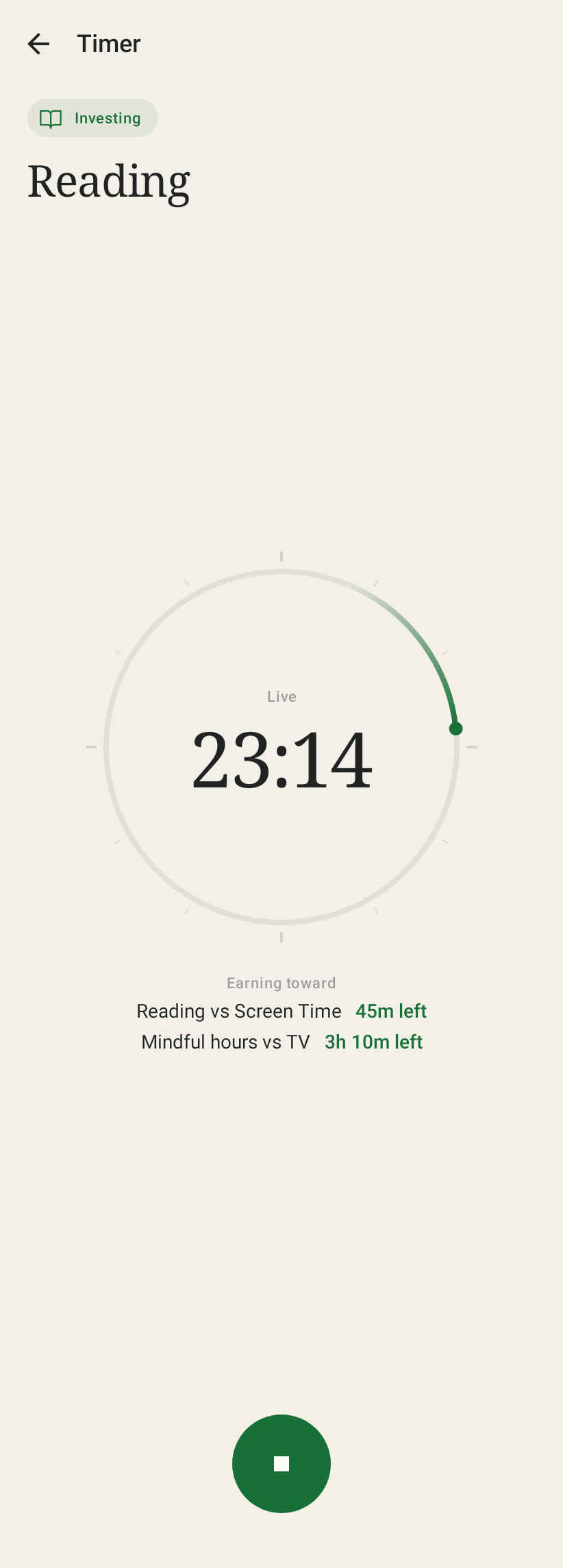 Timer running on Reading, with the pacts it feeds listed under the ring